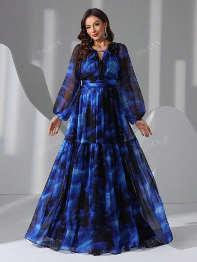 فستان أنيق بأكمام فوانيس بنقشة صبغ التعادل للنساء
