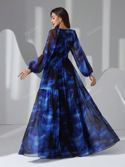 فستان أنيق بأكمام فوانيس بنقشة صبغ التعادل للنساء