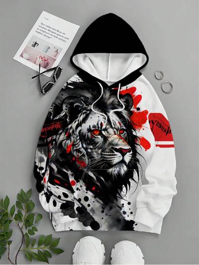 بلوزة رياضية مقلنسوة برباط خصر مع رسم أسد وطباعة نصية، كاجوال