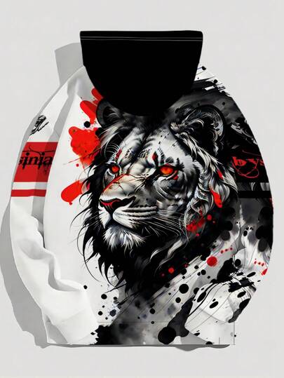 بلوزة رياضية مقلنسوة برباط خصر مع رسم أسد وطباعة نصية، كاجوال