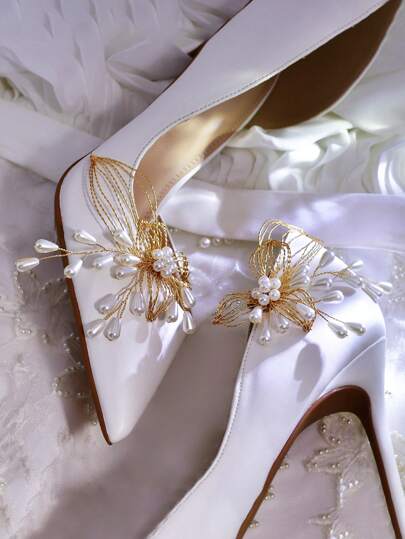 قطعة واحدة من زهرة الحذاء المزخرفة باللؤلؤ القابلة للفصل لإطلالة أنيقة، للأحذية عالية الكعب والأحذية الزفاف والشبشب المسطحة