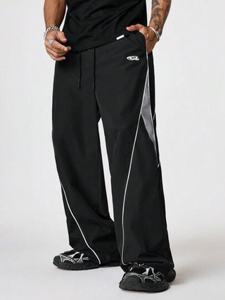 AXEPEAK بنطلون كاجوال فضفاض مستقيم للرجال من قماش المعقوف اللون بجيب - للون الأسود ، هدية للصديق ، إصدار الملابس الشارع