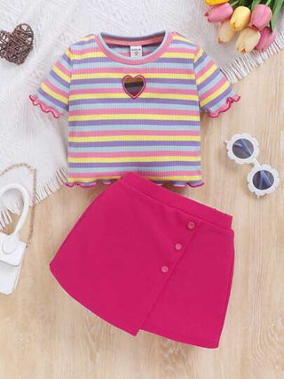 girls-sets ملابس علوية قصير بأكمام مخطط لليوميات مع تنورة بطابع أنيق وجذاب للفتيات المراهقات