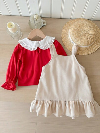 SHEIN طقم للرضع البنات من قطعتين، ملابس علوية علوي مطرز بأزهار ، وتنورة مطاطية بأربطة أكمام جانبية ، مناسب للخريف والشتاء