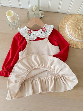 SHEIN طقم للرضع البنات من قطعتين، ملابس علوية علوي مطرز بأزهار ، وتنورة مطاطية بأربطة أكمام جانبية ، مناسب للخريف والشتاء