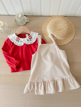 SHEIN طقم للرضع البنات من قطعتين، ملابس علوية علوي مطرز بأزهار ، وتنورة مطاطية بأربطة أكمام جانبية ، مناسب للخريف والشتاء