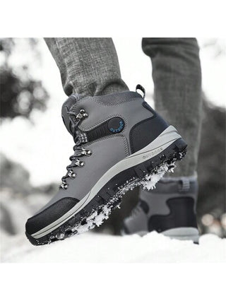 بوت شتوية للرجال عالية الرقبة بنعل سميك، موديل جديد 2024، بوت جلد صناعي (بي يو) مقاس كبير، بوت للتنزه في الهواء الطلق، بطانة حرارية، مقاومة للرياح، مانعة للانزلاق، دافئة ومريحة، مع معطف وسترة منفوخة