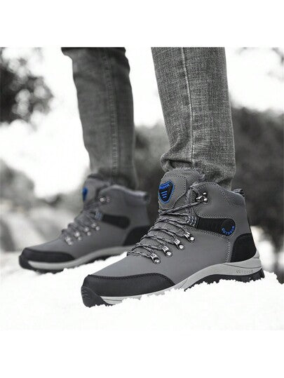 بوت شتوية للرجال عالية الرقبة بنعل سميك، موديل جديد 2024، بوت جلد صناعي (بي يو) مقاس كبير، بوت للتنزه في الهواء الطلق، بطانة حرارية، مقاومة للرياح، مانعة للانزلاق، دافئة ومريحة، مع معطف وسترة منفوخة