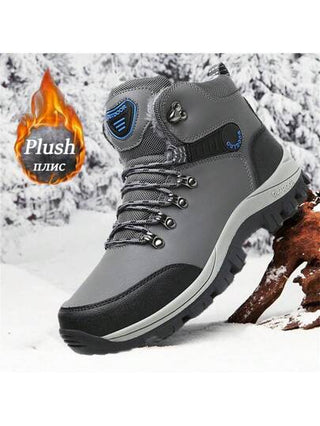 بوت شتوية للرجال عالية الرقبة بنعل سميك، موديل جديد 2024، بوت جلد صناعي (بي يو) مقاس كبير، بوت للتنزه في الهواء الطلق، بطانة حرارية، مقاومة للرياح، مانعة للانزلاق، دافئة ومريحة، مع معطف وسترة منفوخة