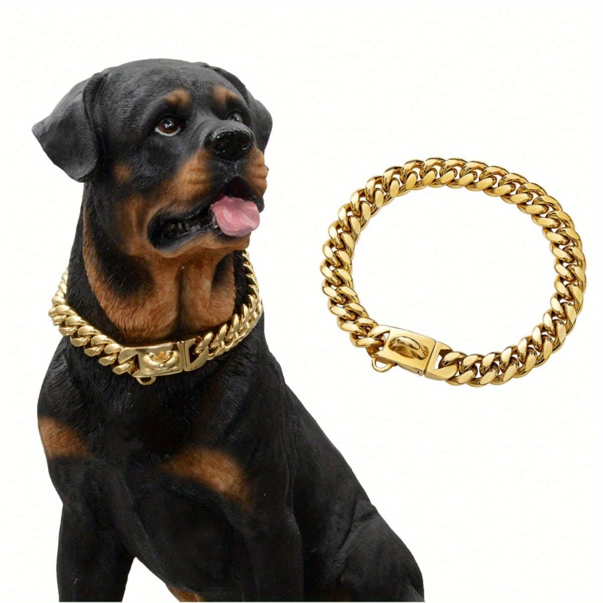 طوق كلب من الفولاذ المقاوم للصدأ فاخر مع سلسلة عصرية للسلالات الكبيرة، قوي ومتين، تصميم أنيق، متوفر بتشطيبات ذهبية وفضية فاخرة - قطعة واحدة