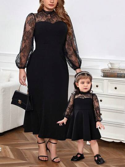 فستان أنيق طويل الأكمام بقماش الشبك والدانتيل متماثل للأم والطفلة، مجموعة (2 قطعة) منفصلة للبيع