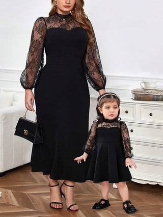 فستان أنيق طويل الأكمام بقماش الشبك والدانتيل متماثل للأم والطفلة، مجموعة (2 قطعة) منفصلة للبيع