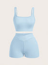 SHEIN EZwear طقم ملابس رياضية متكاملة مكون من 5 قطع: سترة خارجية قصيرة، شورت، وبنطلون بلون واحد