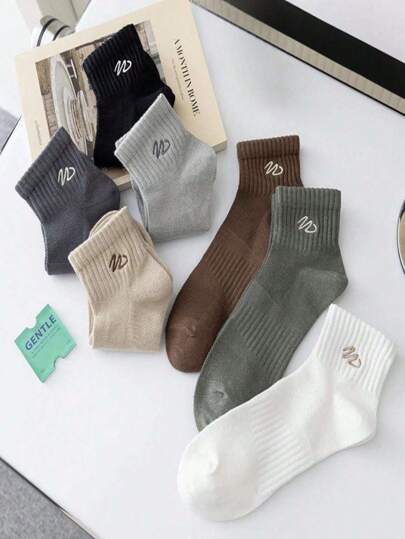 7أزواج من جوارب الكاحل المشبكة القابلة للتنفس المزينة بالتطريز للرجال، جوارب رياضية ذات خصر خفيف الوزن، جوارب كرة السلة بتصميم بسيط