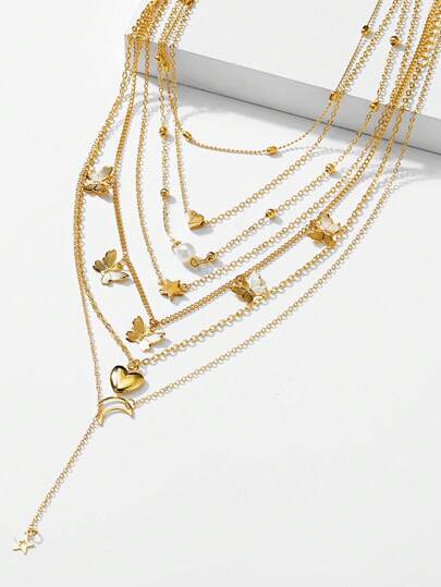 مجموعة 6 قطع قلادات سلسلة غير متناسقة من النجم والقمر والقلب والخرز الزائف واللؤلؤ والفراشة، مجوهرات معدنية متعددة العناصر للفتيات