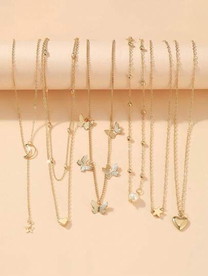 مجموعة 6 قطع قلادات سلسلة غير متناسقة من النجم والقمر والقلب والخرز الزائف واللؤلؤ والفراشة، مجوهرات معدنية متعددة العناصر للفتيات