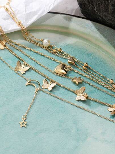 مجموعة 6 قطع قلادات سلسلة غير متناسقة من النجم والقمر والقلب والخرز الزائف واللؤلؤ والفراشة، مجوهرات معدنية متعددة العناصر للفتيات