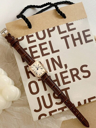 ساعة كوارتز مربعة عقربية بأرقام رومانية، مناسبة لهدايا عيد الميلاد وأعياد الميلاد، مزودة بسوار جلدي، للمراهقين والطلاب