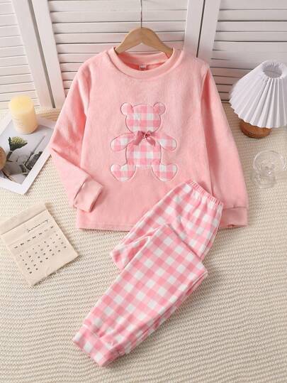 بيجاما 2 قطعة/مجموعة بنطلونات كاجوال وملابس منزلية مريحة للفتيات المراهقات مكونة من بنطلون مربعات وقميص كم طويل مطرز بنمط الدب اللامع للخريف والشتاء بالوردي والأبيض