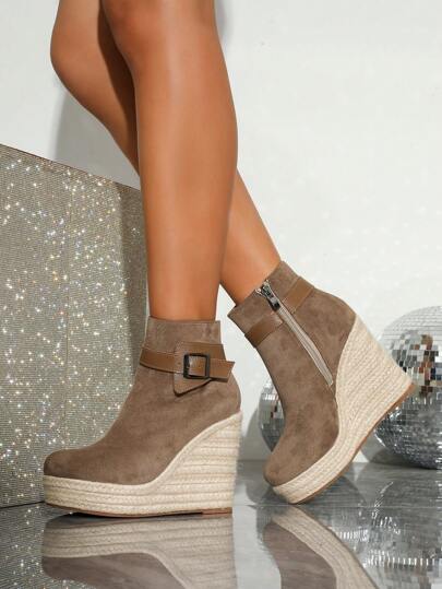 بوت نسائية قصيرة بطراز كاجوال مريح، زينة إبزيم بسيطة، سحاب جانبي للارتداء السهل،  منصة ارتفاع مزيدة مضفر بقش، أصابع قدم دائرية