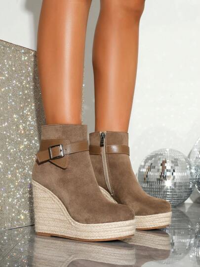 بوت نسائية قصيرة بطراز كاجوال مريح، زينة إبزيم بسيطة، سحاب جانبي للارتداء السهل،  منصة ارتفاع مزيدة مضفر بقش، أصابع قدم دائرية