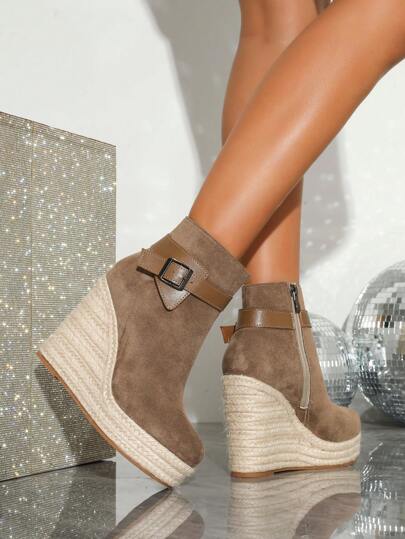 بوت نسائية قصيرة بطراز كاجوال مريح، زينة إبزيم بسيطة، سحاب جانبي للارتداء السهل،  منصة ارتفاع مزيدة مضفر بقش، أصابع قدم دائرية