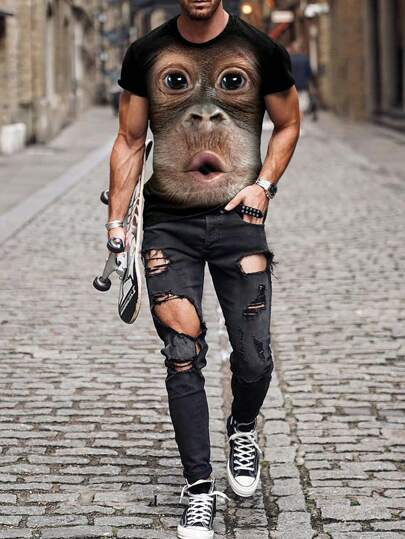 مايوه حريمي قطعة واحدة تي شيرت تي شيرت رجالي قصير الأكمام بطبعة الغوريلا بياقة دائرية للصيف