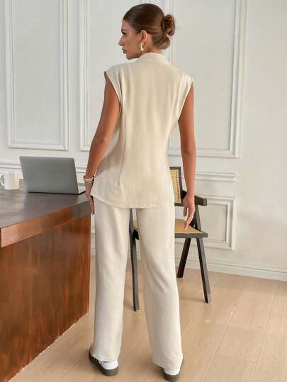 Siren Gaze طقم بلوزة أكمام بلا أكمام مزينة بحزام وبنطلون قطعتين للنساء، طقم بنطلون كاجوال بدون أكمام وجاكيت مربوط بشريط، طقم بنطلون مناسب للخريف، مجموعة قطعتين