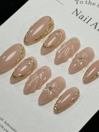 10 قطعة/مجموعة للأظافر، ذات خطوط ذهبية ولمسات لماعة 3D على شكل زهور بشكل لوز، أظافر صناعية لامعة قابلة للفصل وإعادة الاستخدام، تلبسها على الأظافر الحقيقية