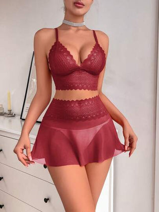 لانجيري حريمي طقم ملابس داخلية شفافة للنساء بتصميم رباعي بالدانتيل 2 قطعة/مجموعة