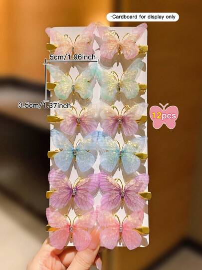 مشبك شعر بشكل فراشة جميل بلون تدرجي 6/12 قطعة مصنوع من الشاش الرقيقة