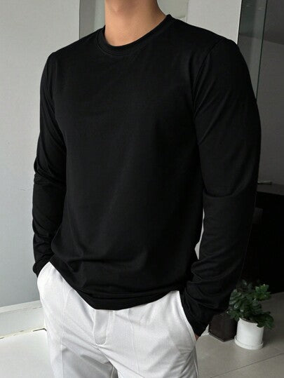 DAZY قميص كاجوال بياقة دائرية أسود أحادي اللون بأكمام طويلة للرجال، مناسب للربيع والصيف والخريف