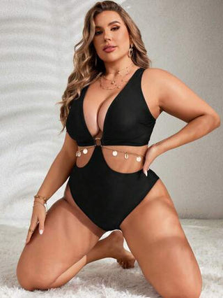 Swim Lushoire بدلة سباحة قطعة واحدة ذات موحد اللون ومزينة بسلسلة مفرغة مناسبة للمقاسات الكبيرة ، للصيف