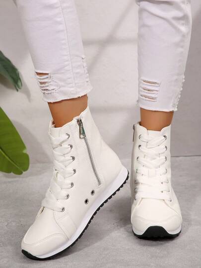 حذاء رياضي كاجوال للنساء والأطفال كلاسيكي مفرغ من الأمام بنمط متعدد الألوان، عالي الرقبة مع ربطة وسحاب جانبي