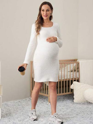 MaterniWear فستان منتصف الساق ضيق الجسم بأكمام طويلة من الفليس بلون سادة للحمل/الشتاء، للمعلمين، للحوامل