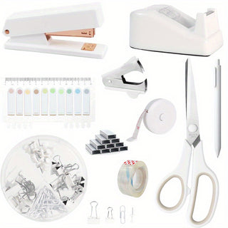 مجموعة لوازم مكتبية باللون الأبيض مع ملحقات المكتب - دباسة، 1000 دبوس، مزيل دبابيس، موزع شريط لاصق، مقص، مشابك ملفات، مشابك ورقية، دبابيس دفع، مسطرة، وشريط لاصق - مجموعة هدايا أساسية للمكتب