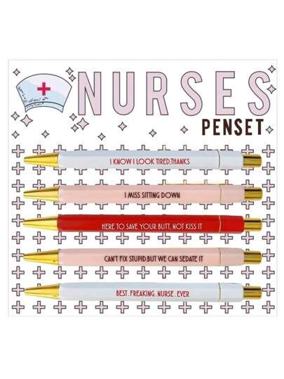 طقم أقلام حبر جاف بموضوع الممرضة 5 قطع، طقم أقلام حبر جاف بموضوع الممرضة مع بطاقة هدية للأصدقاء الممرضات
