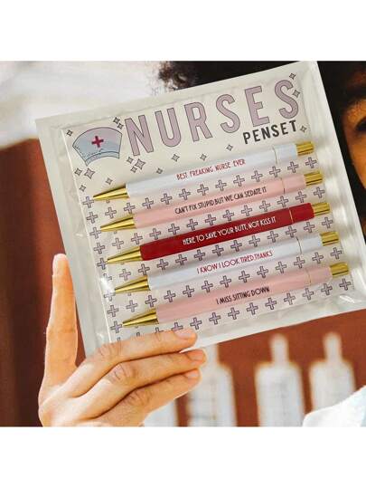 طقم أقلام حبر جاف بموضوع الممرضة 5 قطع، طقم أقلام حبر جاف بموضوع الممرضة مع بطاقة هدية للأصدقاء الممرضات