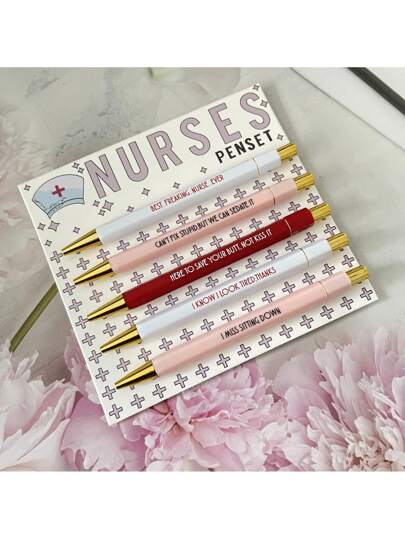 طقم أقلام حبر جاف بموضوع الممرضة 5 قطع، طقم أقلام حبر جاف بموضوع الممرضة مع بطاقة هدية للأصدقاء الممرضات