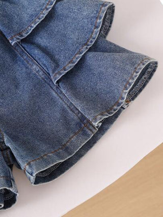 مجموعة من قطعتين لفتيات الأطفال، سترة صلبة بحمالات كبيرة بطبعة زهرية وشورت جينز بخصر مطاطي مكرر، موضة صيفية