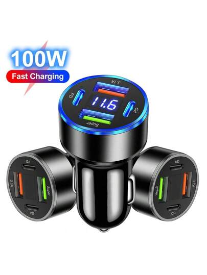 شاحن سيارة 100 واط 4 في 1 مع 2 منفذ USB و 2 منفذ Type-C PD ،شحن سريع متوافق مع هواتف 15/14/13 وهواتف ذكية أخرى متوافق مع و iPad وهواتف أندرويد والكمبيوتر المحمول، شاحن سريع متعدد الأجهزة تصميم صغير للشحن الآمن والفعال أثناء التنقل، هدية للعائلة والأصدقاء
