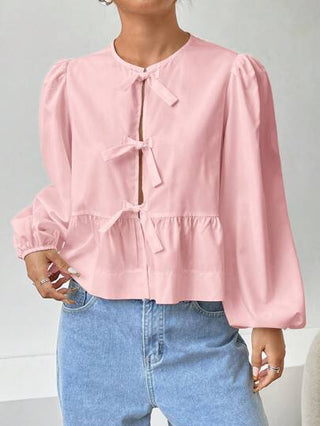 EZwear بلوزة منسوجة للنساء مع تزيين فيونكة أكمام منتفخة، ربيع وصيف