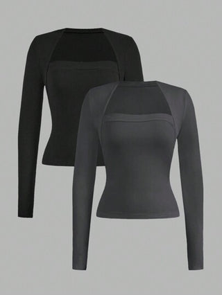 EZwear قميص بولو بأكمام طويلة بتصميم رفيع مناسب للنساء باللونين الأسود والرمادي الفولاذي، مناسب للخريف والشتاء