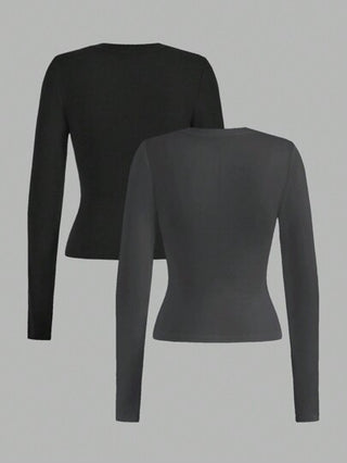EZwear قميص بولو بأكمام طويلة بتصميم رفيع مناسب للنساء باللونين الأسود والرمادي الفولاذي، مناسب للخريف والشتاء