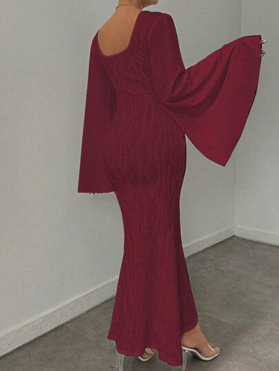 Calvaya فستان ماكسي نسائي بأكمام مبطن وياقة طاقم، تصميم مفصل ملفوف، لون بوردو،للسيدات