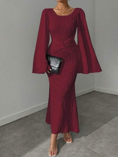 Calvaya فستان ماكسي نسائي بأكمام مبطن وياقة طاقم، تصميم مفصل ملفوف، لون بوردو،للسيدات