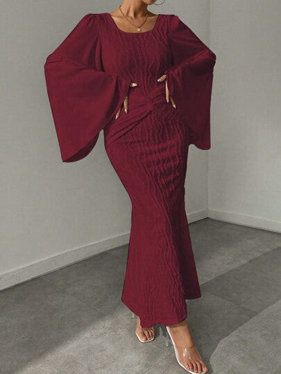 Calvaya فستان ماكسي نسائي بأكمام مبطن وياقة طاقم، تصميم مفصل ملفوف، لون بوردو،للسيدات