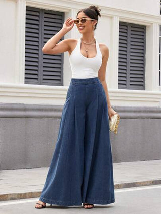 Essnce بنطلون جينز واسع الساق بلون صلب للنساء