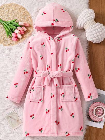 بيجاما روب الاستحمام الفانيلي الوردي ذو الفرو الناعم مع بيجاما ذات أكمام طويلة ومقنعة مناسبة لفتاة المراهقة، مصنوعة من أقمشة ناعمة ومريحة ومعزولة بالفراء المخمل، مناسبة للارتداء المنزلي في فصل الشتاء