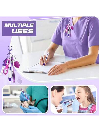 طقم أقلام كرة متعددة الوظائف قابلة للسحب 6 في 1 كاشف ضوئي مقص قابل للطي قلم حبر جاف سلسلة مفاتيح أقلام ممرضة علامة دائمة